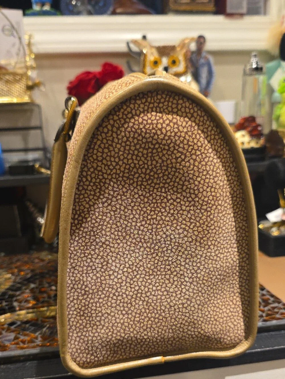 Classic Tan Dome Satchel with Center Stripe and Gold Hardware